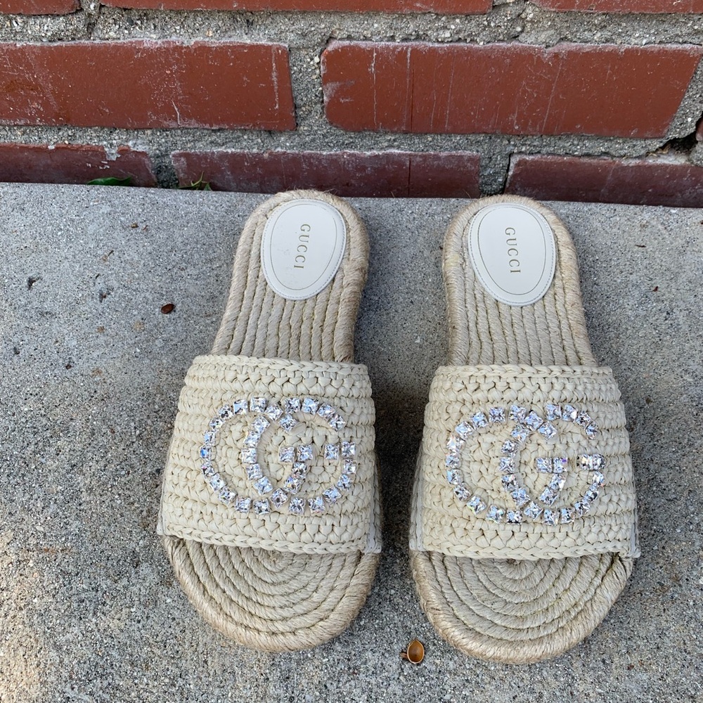Gucci Cora Espadrille Slide Crystal GG Sandals - 37.5